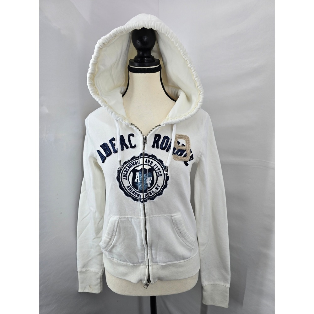 Abercrombie & Fitch Womens Full Zip Hoodie White Embroidered Logo Sweatshirt M